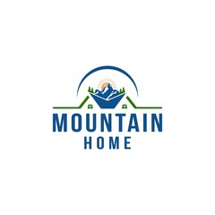 mountain peak logo and real estate home vector logotype