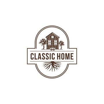 classic home logo design, retro vintage house vector and tree silhouette illustration