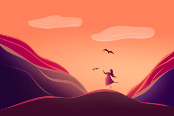 Abbildung eines Mädchens wandert in der Natur. Silhouette der jungen Frau in den Bergen gegen den Sonnenuntergang.