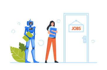 Hr, Robotization, Cyborg VS Human Concept. Robot and Woman Hiring at Work. Female Character and Android Hiring