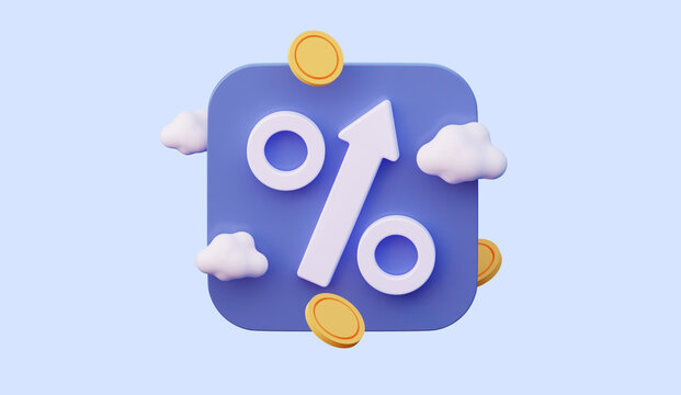 Icon percent with arrow. Growth concept, market analysis, investment or interest rate. 3d render