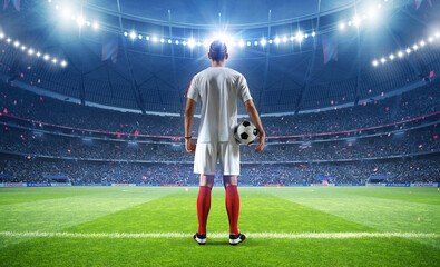 Football player with ball in the stadium, 3d rendering