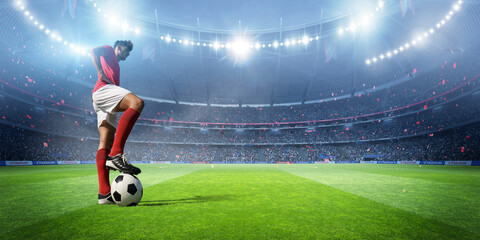 Football player and stadium with spotlights, 3d rendering