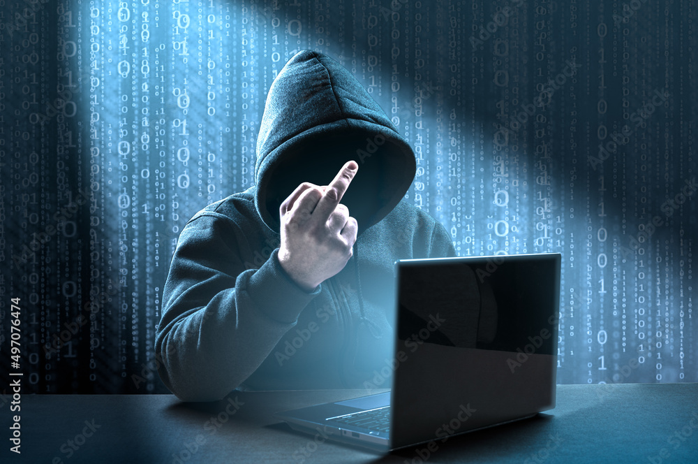 Aufkleber faceless hooded hacker showing middle finger gesture meaning of fuck. computer hacker in hoodie. dat