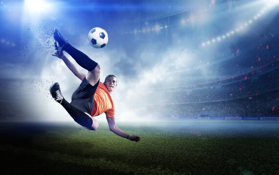 Football player kicks the ball, 3d rendering