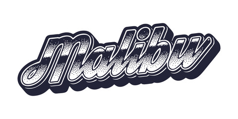 Malibu city name in retro three-dimensional graphic style - obrazy, fototapety, plakaty