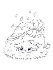 Little bunny under the leaf in a rain