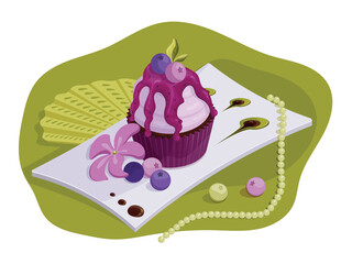 Blueberry cupcake with neckless and fan on the plate with hand fan