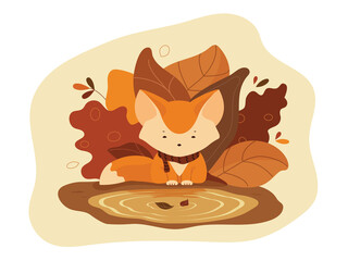 Monochromic little fox in a scarf looking at the leaves in the puddle
