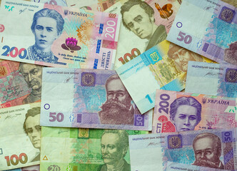 Background Ukrainian money, hryvnia uah, 1, 20, 50, 100 and 200 banknotes. Money hrivna concept.