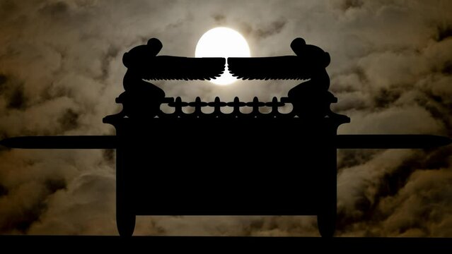 Ark of the Covenant By Night with Dark Atmosphere, Fog, Smoke, Full Moon and Jewish Religious Symbol in Silhouette