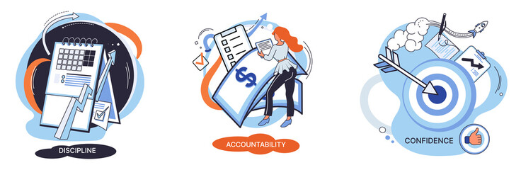 Personal quality concept creative metaphors set. Confidence, accountability and discipline, mental strength, psychological flexibility, decision making, leadership role, personal development