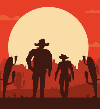 cowboys in desert landscape