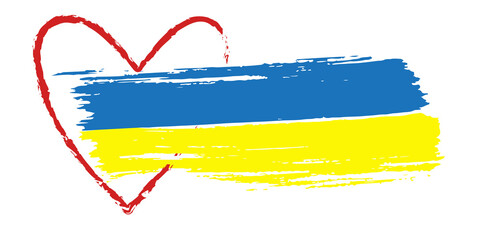 Obraz premium Ukrainian flag. Red heart border. Brush stroke yellow blue symbolism. Vector illustration isolated.