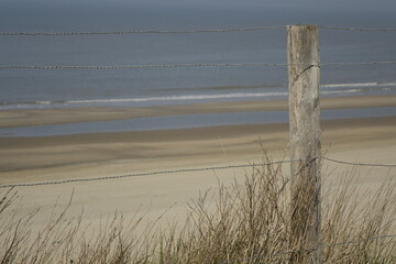 Wire fence with wooden pole in the Dutch North Sea dunes (horizontal), Zandvoort, North Holland, Netherlands - obrazy, fototapety, plakaty