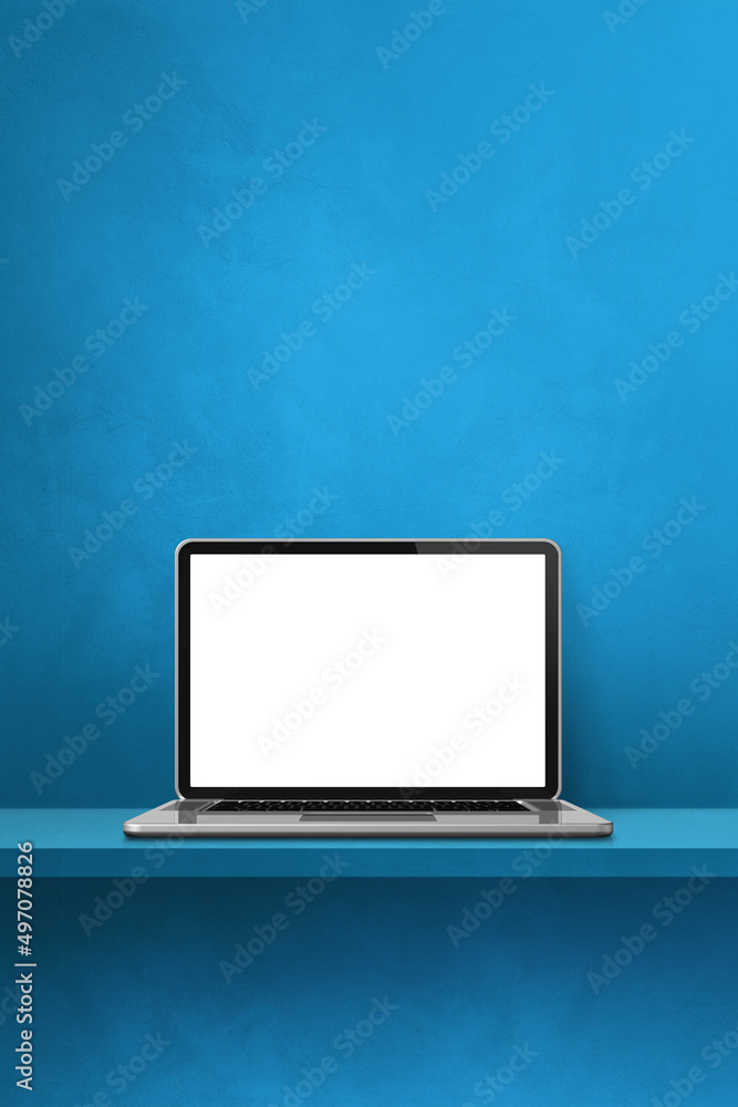 Sticker Laptop computer on blue shelf. Vertical background