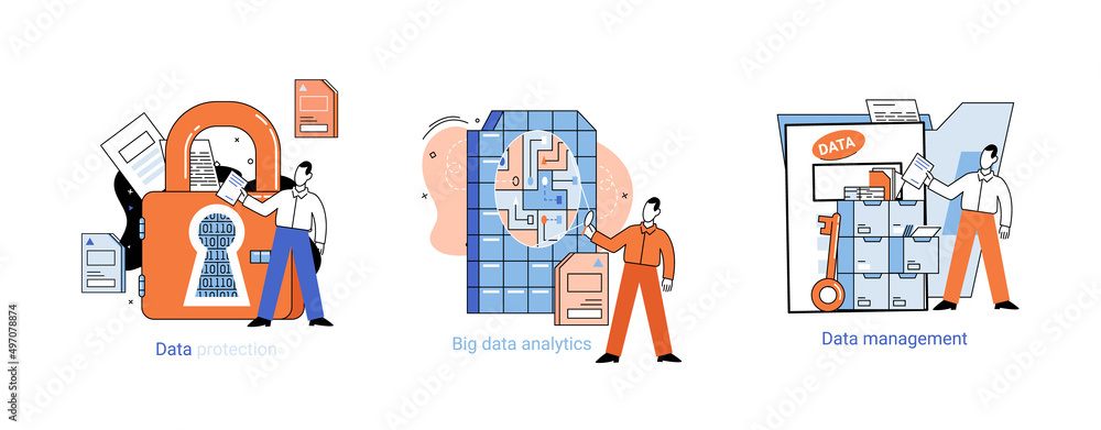 Poster big data analytics platform, data management and protection creative metaphor set abstract concept. 