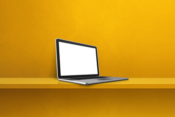 Laptop computer on yellow shelf background