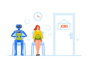 Robot and Woman Hiring at Work. Female Character and Android Waiting Hiring Interview Sitting on Chairs at Office Hall