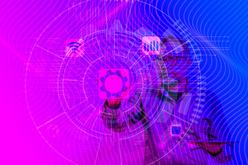 A man using Metaverse digital cyber world technology with a tablet and tapping Virtual reality. VR mix with metaverse is high technology for future