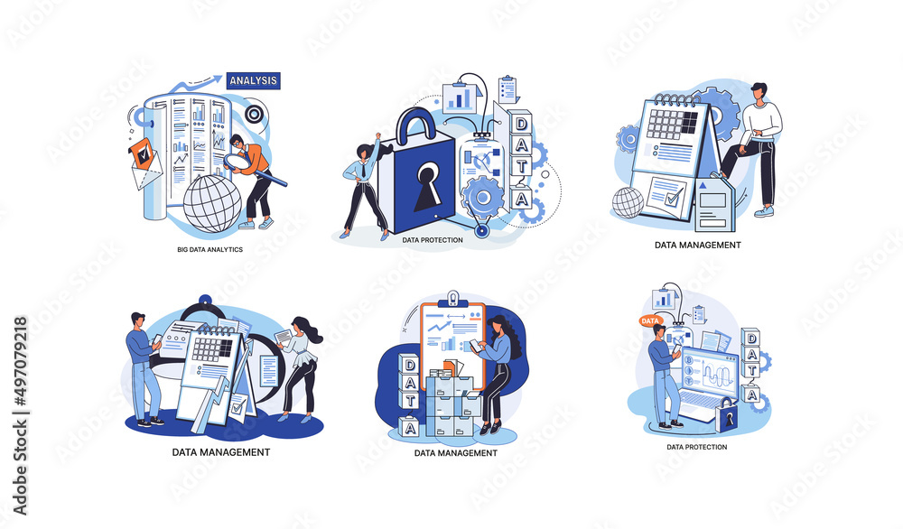 Poster big data analytics platform, data management and protection creative metaphor set abstract concept. 