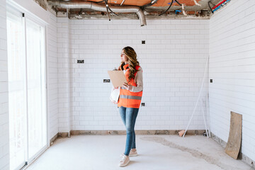 inspector or architect professional woman checking kitchen at construction site. Home improvement