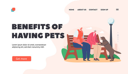 Benefits of Having Pet Landing Page Template. Elderly Couple Characters Spending Time With Dog at Park, Seniors on Bench