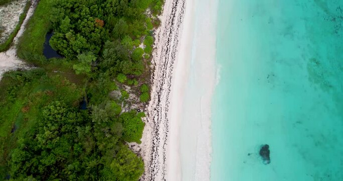 Top down aerial footage flying parallel over beach 