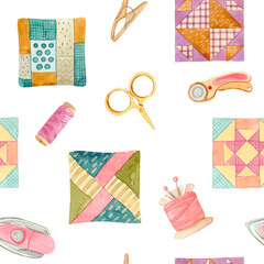 Quilting (patchwork) accessories seamless (surface) pattern.