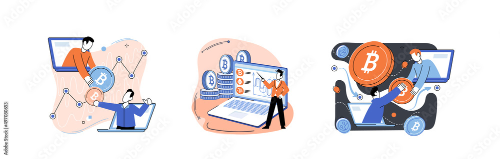 Poster cryptocurrency bitcoin mining metaphor blockchain exchange platform. cyber banking procedures, bitco