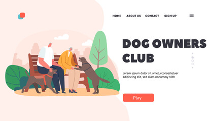 Dog Owners Club Landing Page Template. Grandmother and Grandfather Sitting on Bench in Park Spend Time and Walk with Pet