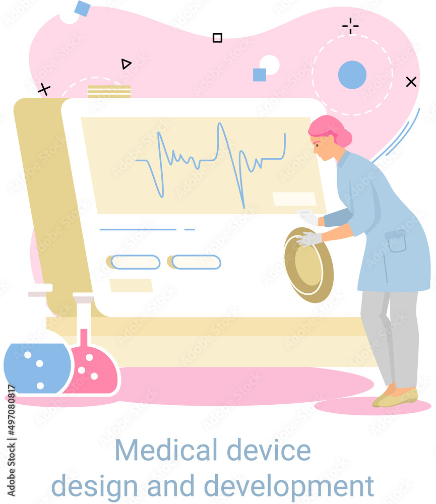 Poster medical device design and development banner with scientist develop research software and program. l
