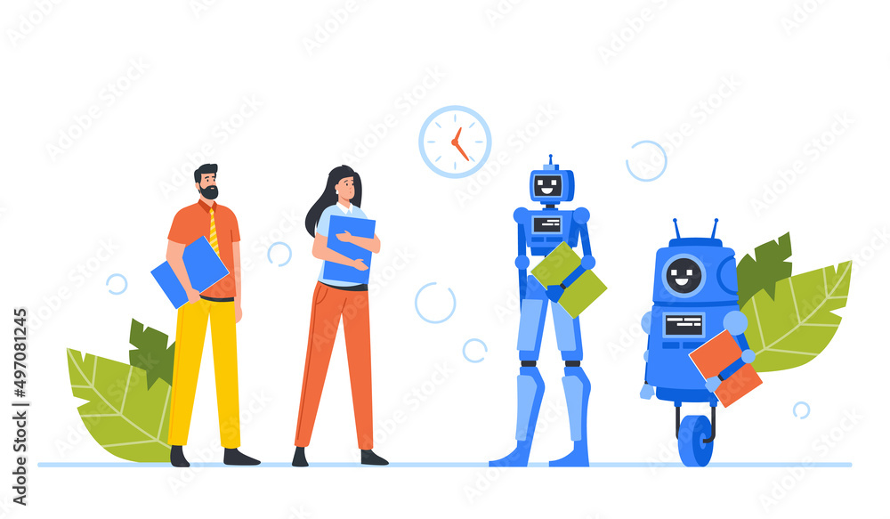 Poster robots and human waiting hiring interview in office hall. robotization and cyborg vs people concept.