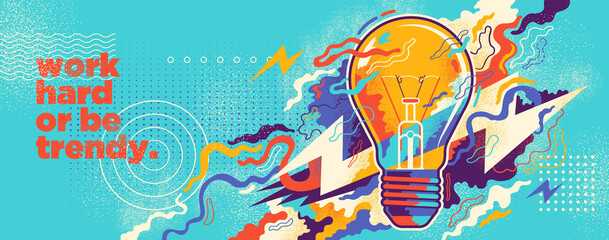 Conceptual abstract illustration in grangy style, with light bulb and colorful splashing shapes. Vector illustration. - obrazy, fototapety, plakaty