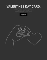 valentines day card, hand holding heart. line vector drawing.