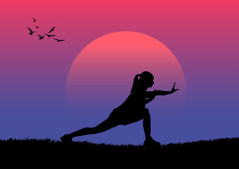 graphics image drawing tai chi with sunrise landscape view outdoor concept exercise for health benefits on the morning - obrazy, fototapety, plakaty