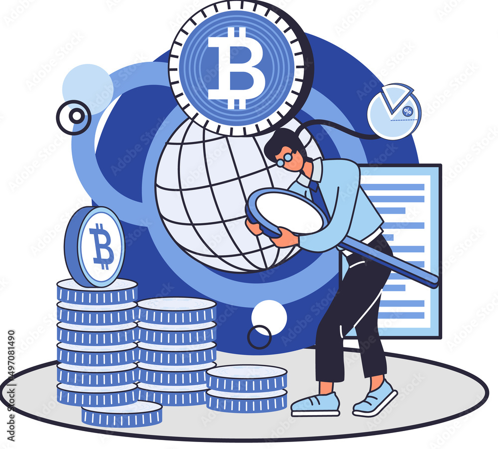 Poster concept of bitcoin mining, blockchain network technology, initial coin offering and cryptocurrency. 