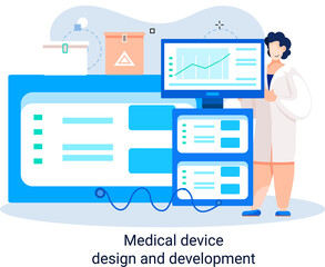 Medical device design and development metaphor with scientist develop research appliance, equipment and experiment. Laboratory diagnostic service chemistry clinic laboratories, pharmaceutical research