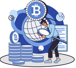 Concept of bitcoin mining, blockchain network technology, initial coin offering and cryptocurrency. Man with magnifier working in bitcoin mine. Blockchain transaction technology, virtual money market