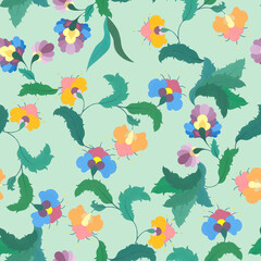 Ethnic motifs. Abstract flowers in folklore style. Watercolor bright plants. Seamless pattern on green background.