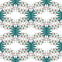 Geometric ornament of abstract flowers. Plant branches in folklore style. Watercolor seamless pattern.