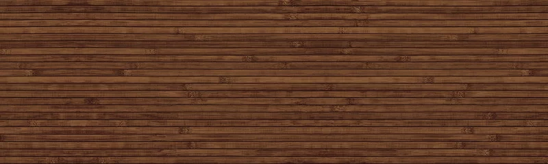 Poster Dark brown wooden surface wide panoramic texture. Natural bamboo wallpaper. Wood slat wall large background © JAYANNPO
