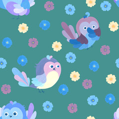 Obraz premium Bluebirds in naive style. Children's floral pattern. Folkloric seamless pattern. I