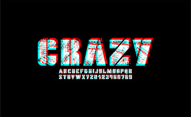 Grunge font, large alphabet with a letterpress eroded rough texture, thick glitch letters and numbers