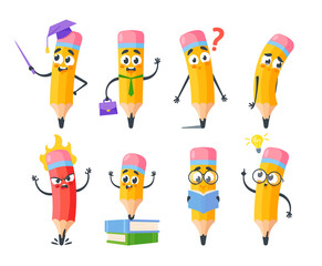 Set of Cartoon Pencils Characters, School Stationery Mascots with Education Items, Read Book, Wear Academic Cap