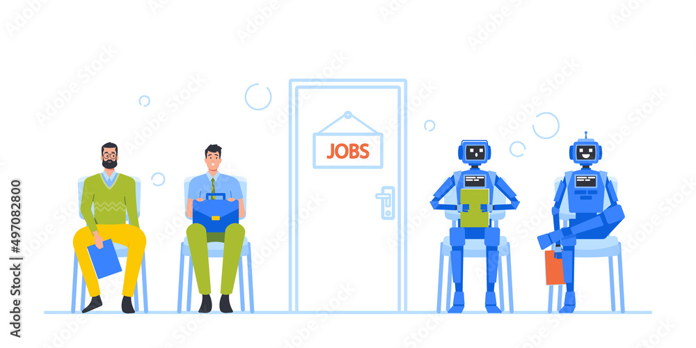 Poster cyborg vs people concept. robots and human characters wait for hiring job interview sit in line at o