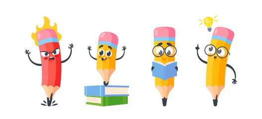 Set of Humanized Funny Pencils, Cartoon Character in Glasses Read Book, Angry and Happy Personages, Smart Pencil