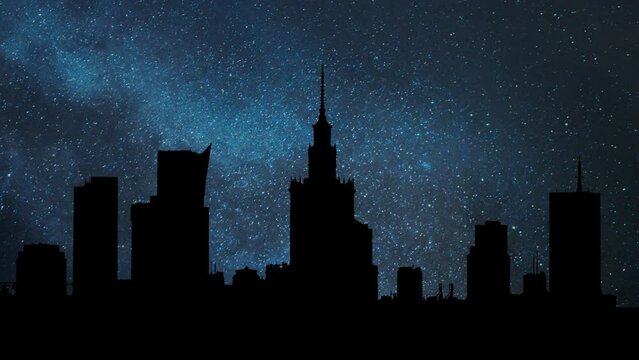 Warsaw Downtown Skyline By Night, Time Lapse with Stars, Milky Way, Skyscrapers, Palace of Culture and Science in Silhouette, Poland