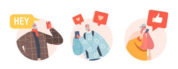 Fototapeta premium Elderly People Communicate in Social Networks Isolated Icons. Senior Male and Female Characters with Mobile Phones