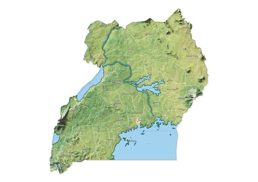 Isolated map of Uganda with capital, national borders, important cities, rivers,lakes. Detailed map of Uganda suitable for large size prints and digital editing.